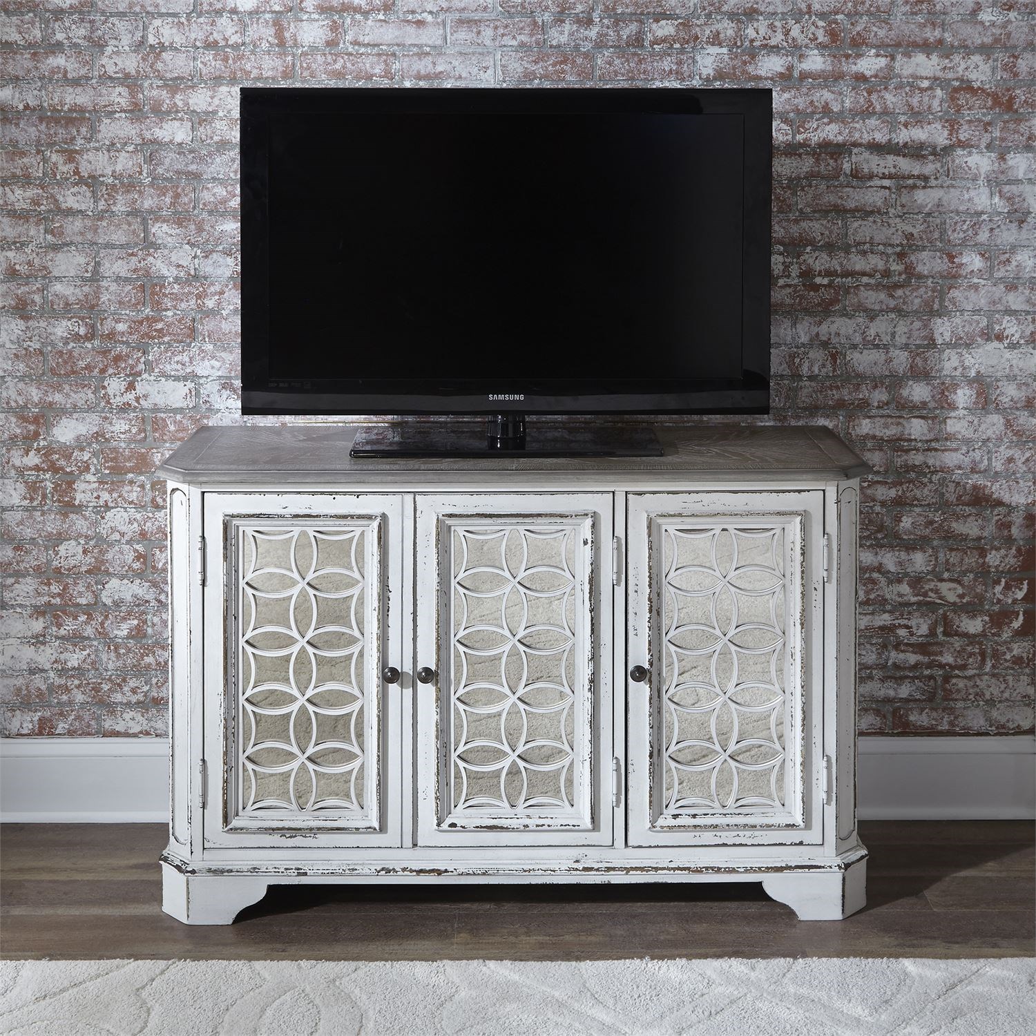 Liberty Furniture Magnolia Manor 244OT1031 TV Console with Three Antiqued Mirror Doors Royal